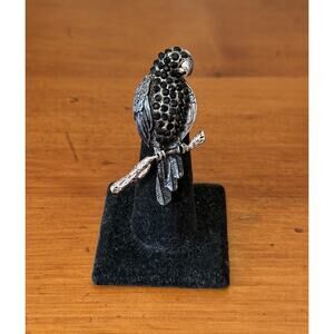 Vintage Style Parrot Stretch Ring Silver Tone Black Gray Rhinestone Bird Sz 7-8